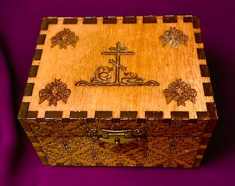 Orthodox Christian keepsake religious wood box with metal hardware.