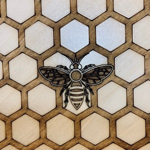 May include: Wooden decorative piece with a honeycomb pattern and a detailed bee design. The honeycomb cells are light-colored, contrasting with the darker wood frame and the metallic bee. The bee is centered, adding a focal point to the design.