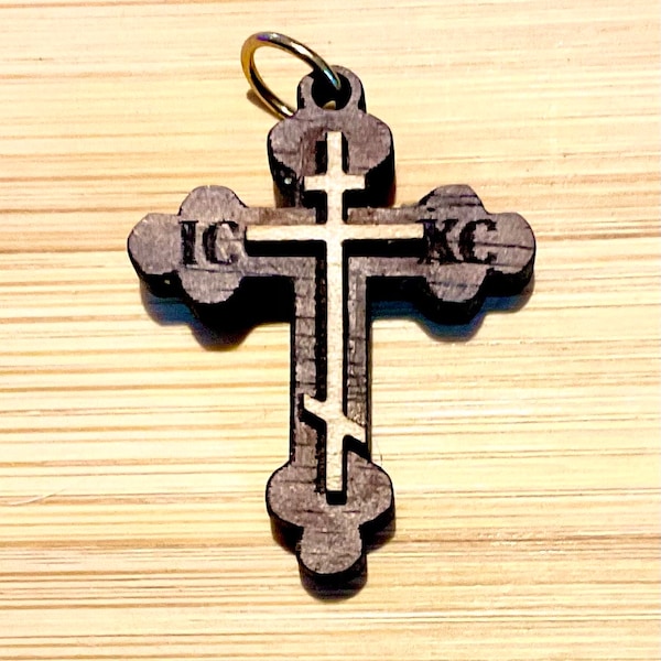 Orthodox solid wood cross pendant. Serbian, Russian, handcrafted maple and walnut cross
