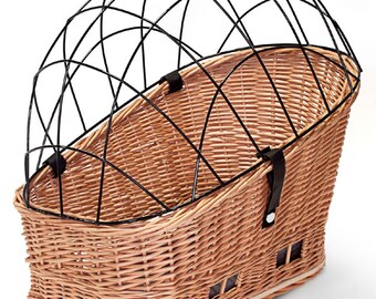 Hundefahrradkorb aus Weide mit Gitter für Gepäckträger XXL 60x39 cm (N-S) Kissen Holz