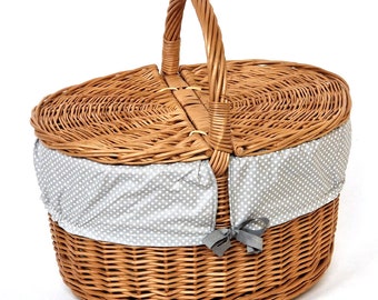 Picknickkorb mit zwei Deckel aus Weide (40 x 30 cm - 1F) + Stoff G1