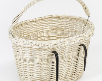Tigana Fahrradkorb Einkaufskorb mit Tragegriff aus Weide für Lenker Form oval (40 cm Weiß)