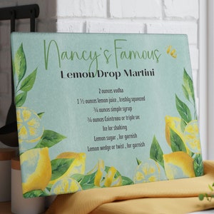Personalized Lemon Drop Martini glass cutting board. Perfect bar cart art mixology gift for him & birthday gift for her or housewarming Gift