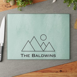 Personalized Custom Glass Cutting Board or Charcuterie Board for Wedding Gift, Housewarming Gift/Realtor Closing Gift.  Mountain Decor Gift