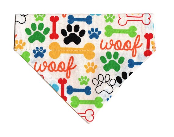WOOF Puppy Dog Bandana, Teacup Dog Size, Small Dog Bandana, Paw Print Bandana, Dog Bones Bandana, Gift for New Puppy, Chihuahua bandana
