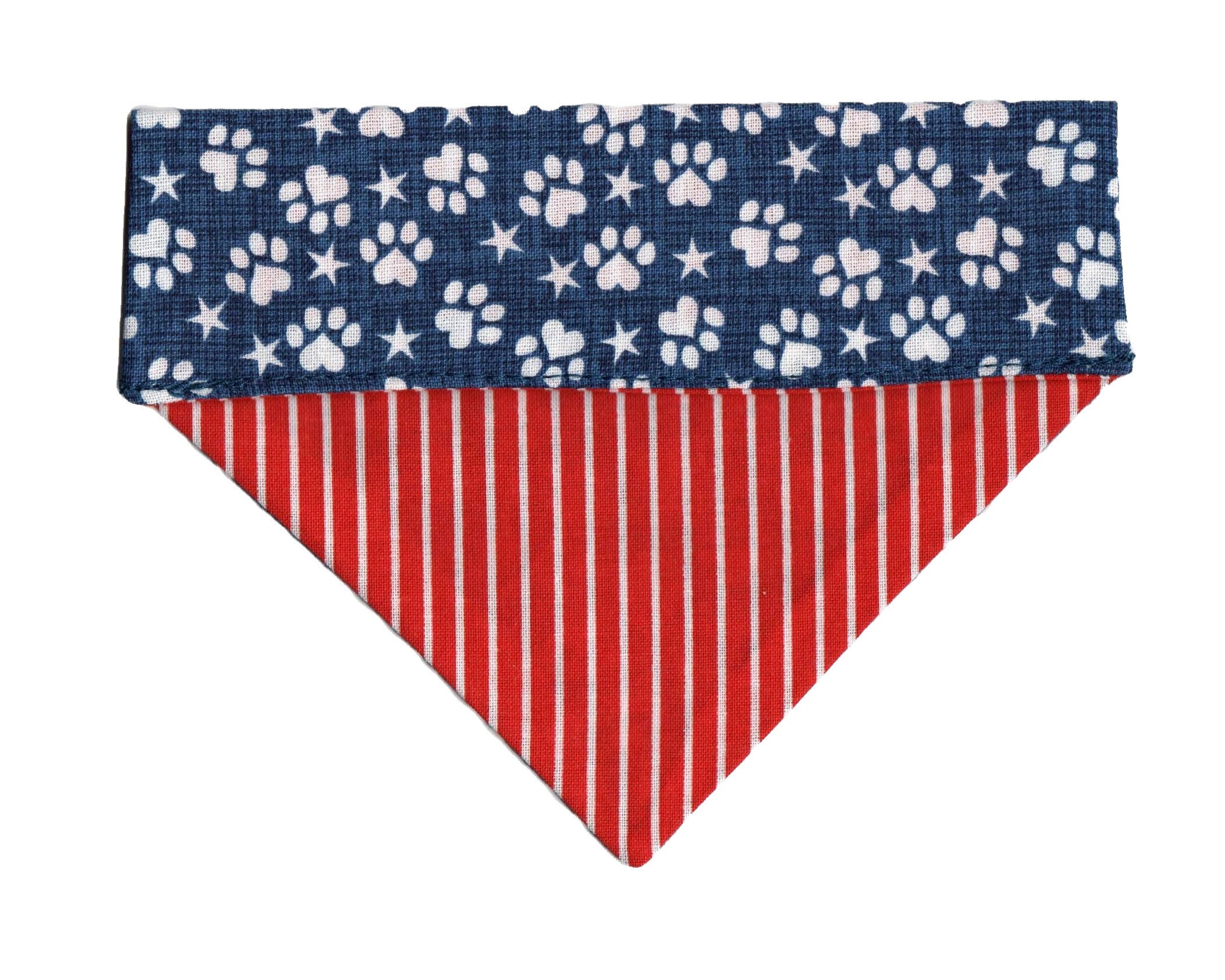 Over the Collar Thread Through Slip On Dogwear Petwear Neckwear Reversible US Flag Prints Red White and Blue Stars Stripes Patriotic Dog Bandanna 
