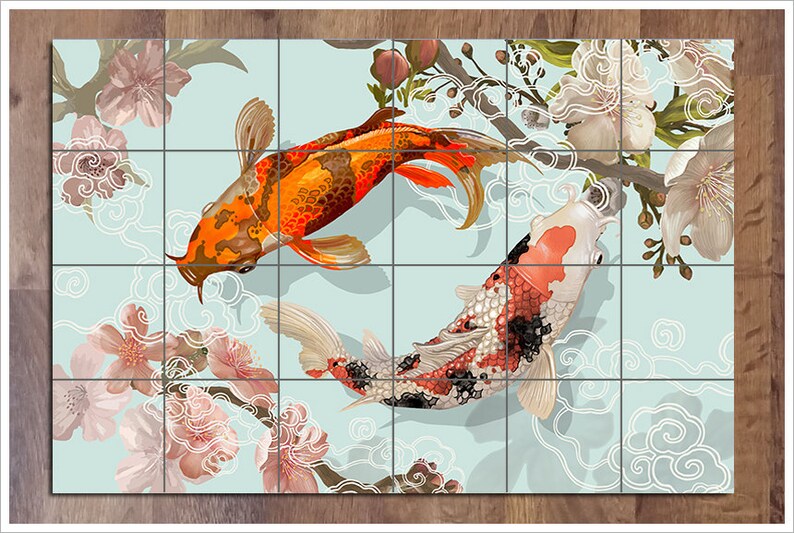 Koi Fish with Flowers Ceramic Tile Mural 24 x 36 Kitchen Etsy