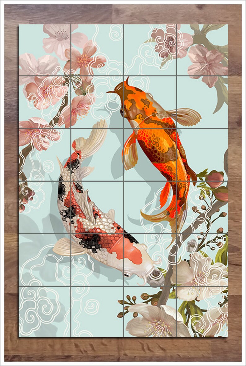 Koi Fish with Flowers Ceramic Tile Mural 24 x 36 Kitchen Etsy