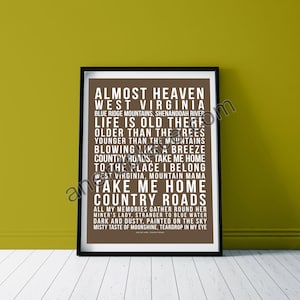 Take Me Home Country Roads - John Denver Song Lyric Wall Art Print Quote Text Verse - Custom Birthday Décor Anniversary Gift Music Room