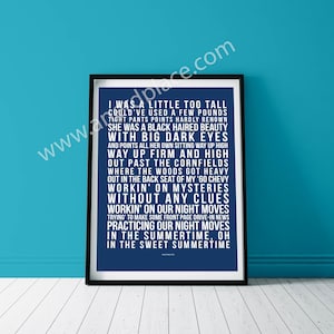Nightmoves  - Bob Seger Song Lyric Wall Art Print Quote Text Verse - Custom Birthday Décor Anniversary Gift Music Room Man Cave