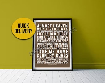 1. Jahrestag Geschenk | Take Me Home Country Roads Songtexte | Musik-Liebhaber-Lied-Wand-Kunst | Personalisiertes Geschenk für Frau oder Mann