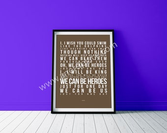 Cadeau 1e verjaardag | Heroes-tekstafdruk | Muziekliefhebber lied kunst aan de muur | Gepersonaliseerde cadeau voor vrouw of man | GRATIS verzending