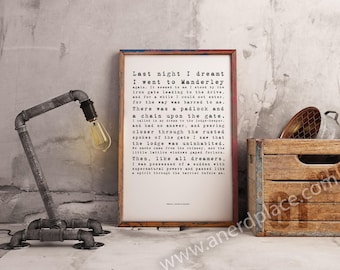 Typografieafdruk | Rebecca - Daphne du Maurier Typografie Wall Art Office Man Cave Slaapzaal Bibliotheek Decor