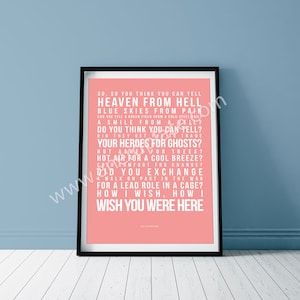 Ojalá estuvieras aquí - Impresión de arte mural con texto y verso de la canción "Pink Floyd" - Decoración personalizada para cumpleaños, aniversario, sala de música, cueva del hombre