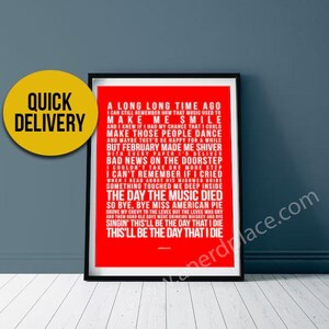 American Pie - Don Mclean Song Lyric Wall Art Print Quote Text Verse - Custom Birthday Décor Anniversary Gift Music Room Man Cave
