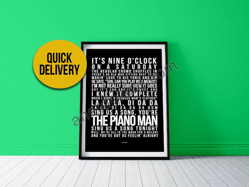 1st Anniversary Gift | Piano Man Lyrics Print | Music Lover Song