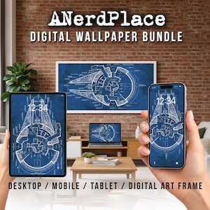 Op de afbeelding: Digitale wallpaperbundel van ANerdPlace met een blauwdrukontwerp op een tablet, telefoon, laptop en digitaal kunstframe. De tijd 12:34 wordt weergegeven op de schermen van de telefoon en tablet. De achtergrond is een bakstenen muur.