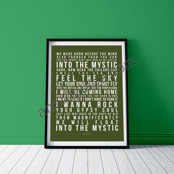 Into The Mystic - Van Morrison Song Lyric Wall Art Print Quote Text Verse - Custom Birthday Décor Anniversary Gift Music Room Man Cave