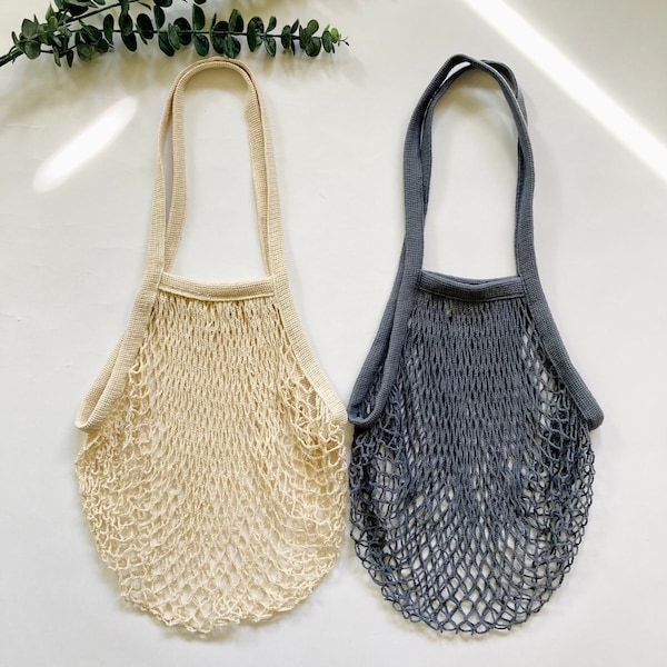 Mesh Market Bags in Gray & Beige, Cotton String Bag, Mesh Grocery Tote, Net Shopping Bag, Eco Friendly Mother's Day Gift, Farmers Market Bag