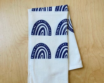 Blue Indigo Rainbow Kitchen Towel, Handmade Boho Dish Towel, Flour sack Cotton Dishcloth, Soft Tea Towel with Hanging Loop, Hostess Gift