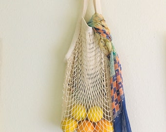 Beige Cotton Net Bag: Reusable Market Tote with Long Straps