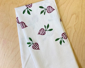 Handprinted Radish Tea Towel: 100% Cotton Flour Sack Dish Towel
