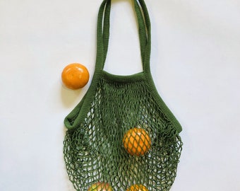 Green Mesh Market Bag Long Handles, Cotton Net String Tote, French Market Produce for Farmers Market, Zero Waste Eco Friendly Gift