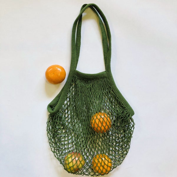 Green Mesh Market Bag Long Handles, Cotton Net String Tote, French Market Produce for Farmers Market, Zero Waste Eco Friendly Gift
