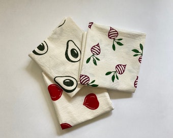3 Pc Kitchen Towel Set, Handprinted Tea Towel, Cotton Dishcloth, Block Print Flour Sack Towel, Eco Friendly Housewarming Gift