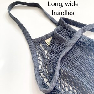 Gray market bag with long handles with durable mesh. Mesh bag is lightweight, foldable and washable.