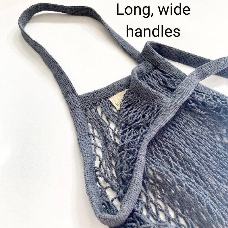 Gray market bag with long handles with durable mesh. Mesh bag is lightweight, foldable and washable.
