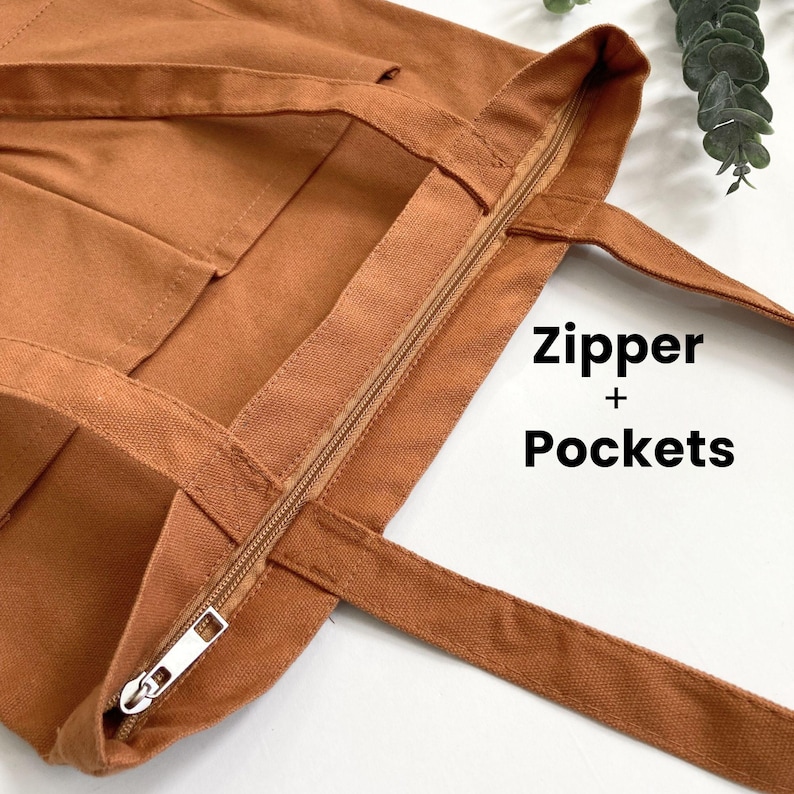 canvas tote bag with zipper and pockets for shopping, grocery, travel, school, work. eco friendly, minimalist, aesthetic canvas shoulder bag for women, college, teens