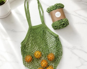 2 Green Cotton Mesh Tote Bag Set, Reusable Grocery Bags for Sustainable Living