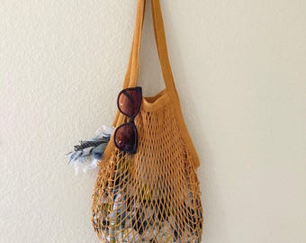 Mustard Yellow Cotton Net Bag: Reusable Market Tote