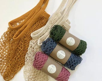 Crochet Cotton Mesh Market Bag, Long Handles, Eco Friendly Grocery Shopping Bag