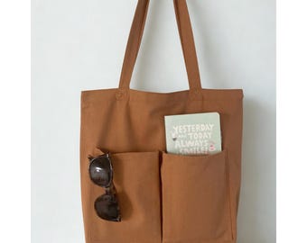 Brown Canvas Tote Bag with Zipper and Pockets: Minimalist Everyday Shopping Bag