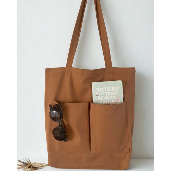 Brown Canvas Tote Bag with Zipper and Pockets: Minimalist Everyday Shopping Bag