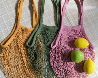 Cotton Mesh Bag Set, Farmers Market Net Tote Pack, Long Handle Reusable Produce Bag Zero Waste Sustainable Living, Mother's Day Gift