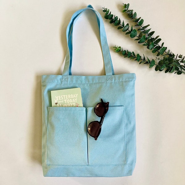 Soft Blue Canvas Tote Bag with Pockets, Tote Bag Canvas Shoulder Bag, Cute Tote Bag with Zipper, Book Tote Bag Aesthetic, Shopping Bag