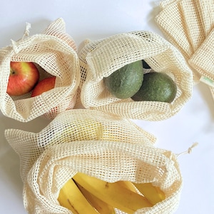 メッシュ野菜バッグ、コットン製再利用可能な野菜バッグ6個パック、風袋重量ラベルと引き紐付きの持続可能な食料品バッグ、環境に優しいギフト