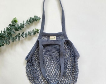 Gray Crochet Net Tote Bag, Reusable Grocery Bag, String Shopping Bag, Cotton Knit Bag with Long Shoulder Straps, Sustainable Gift