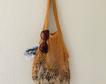 Mustard Yellow Cotton Net Bag: Reusable Market Tote