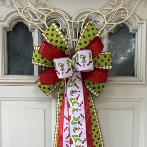 Green Christmas Monster Christmas Bow, Elf Legs Bow for Wreath, Christmas Bow for Lantern, Red and Green Ribbon Bow