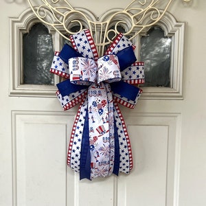 4th of July Bow,  Memorial Day Patriotic Bow for Wreath, Fireworks Lantern Bow Decoration, Independence Day Bow, Star Ribbon Bow