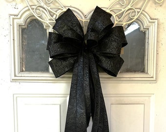 Black Wreath Bow, Embossed Wreath Bow, Black Flower Bow for Tree Topper, Halloween Lantern Bow Decoration, Embossed Flower Ribbon