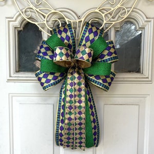 Mardi Gras Wreath Bow, Mardi Gras Bow for Wreath, Lantern Bow Decoration, Harliquin Ribbon Bow, New Orleans Wreath