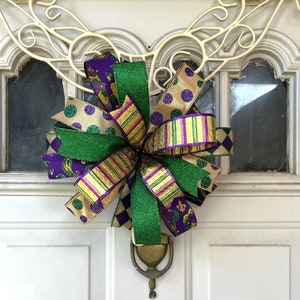 Mardi Gras Wreath Bow, Mardi Gras Bow for Wreath, Lantern Bow Decoration, Fleur de Lis Ribbon Bow, Mardi Gras Wreath