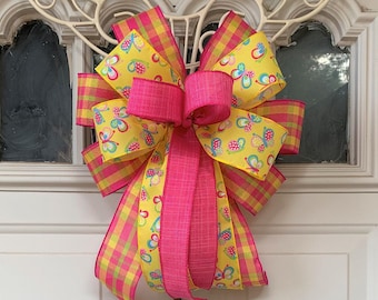 Spring Bow,  Easter Bow for Wreath, Lantern Bow Decoration, Pink Plaid and Butterflies Spring Bow, Pink and Yellow Bow