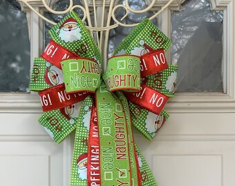Santa Bow, Red Green and White Christmas Tree Bow for Wreath, Lantern Bow Decoration, Naughty or Nice Santa Ribbon