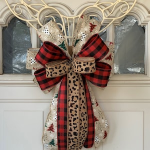 Buffalo Plaid and Leopard Christmas Tree Bow for Wreath, Lantern Bow Decoration, Animal Print Christmas Bow, Leopard Bow, Buffalo Check Bow
